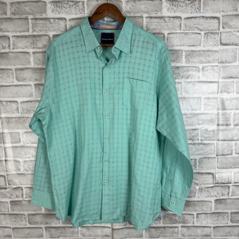 Tommy Bahama Mens Large Seafoam Green Linen Cotton Grid Long Sleeve Button Shirt